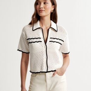Abercrombie & Fitch Crochet Button Down Polo Sweater White Medium NWOT